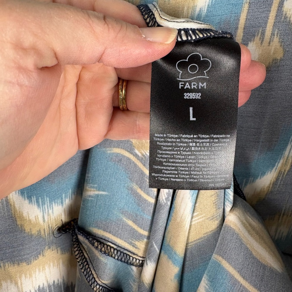 Farm Rio Blue Gold Pineapple Ikat Long Sleeve Maxi Dress L Boho Tribal Statement - Picture 5 of 11